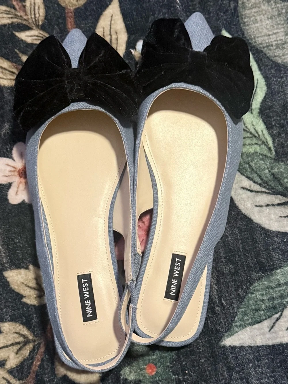 Nine West Blue Slingback Flats with Black Velvet Bow